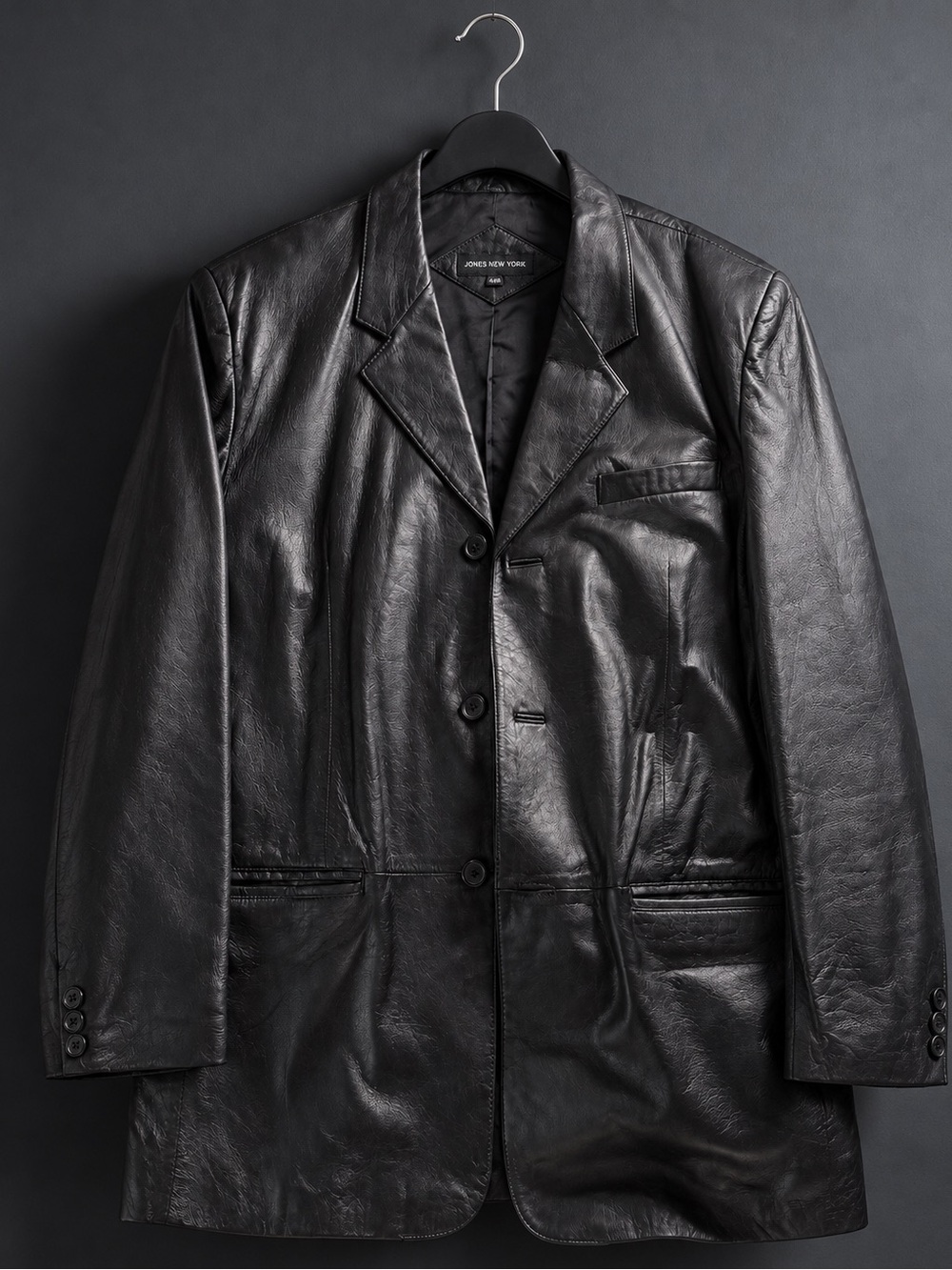 Jones New York Mens 44R Black Genuine Leather Blazer Jacket 3 Button Lined